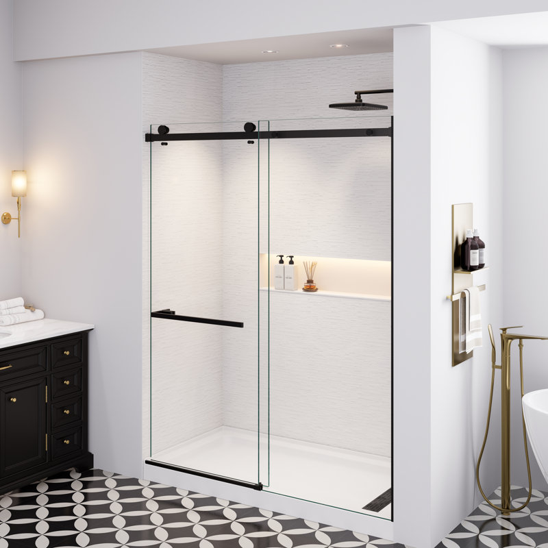 1-Hour-Assembly 56" - 60" W X 75" H Single Sliding Frameless Shower Door With 5/16"(8mm) Clear Tempered Glass, Stainless Steel Frame, Explosion-Proof Film