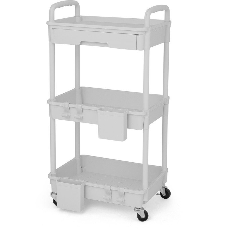 3 Tier Rolling Utility Cart With Drawer,Storage Cart,Rolling Cart Storage Organizer With Iron Wheels, Nickel