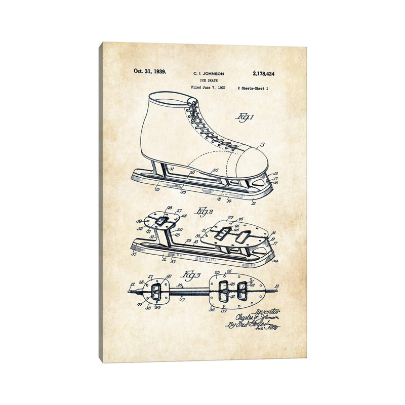 Patins de glace par brevet 77 - reproduction de dessin sur toile tendue, H 26 po x l 18 po x 1,5 po