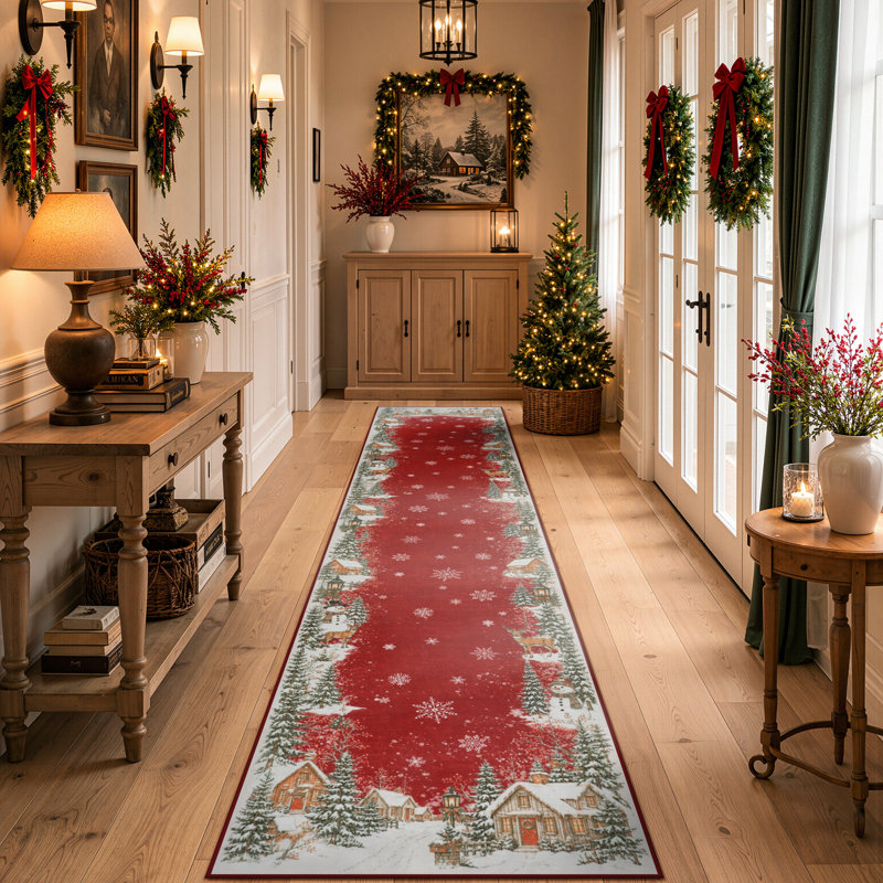 Tapis de Noël Snowy Village, Red, Runner 2' x 10'