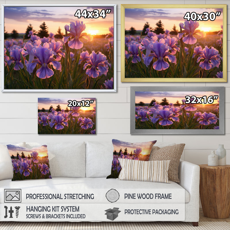 Champ d'iris mauve avec coucher de soleil II, Cadre flottant doré, H 12 po x l 20 po x P 1 po