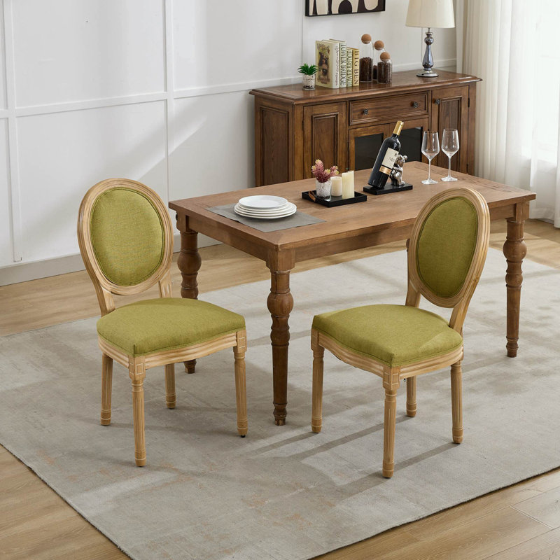 Ensemble de 2 chaises en lin avec coussin moelleux et pieds en bois robustes, Vert olive