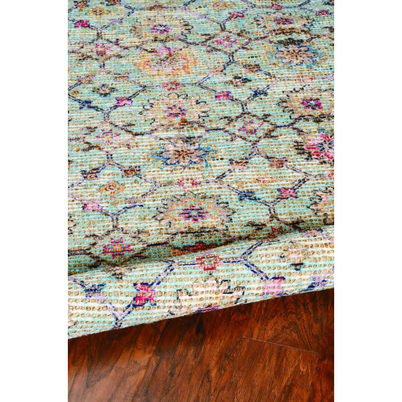 Tapis tissé à la main Deontia - vert spa / orange / bleu
