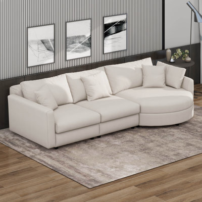 Canapé modulaire 3 pièces en chenille avec méridienne incurvée et 3 coussins décoratifs Chenille