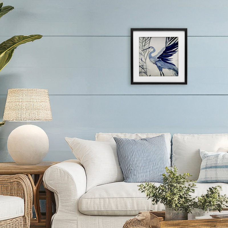 «Whimsical Blue Heron», reproduction encadrée sous verre, conception de Mona Grace, H 13 po x l 13 po, Cadre noir minuit