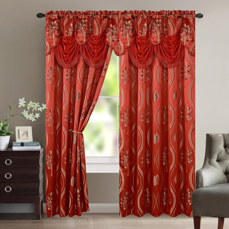 Elegant Comfort Jacquard Look Curtain Panel Set with Attached Valance 54" X 84 inch (Set of 2), Red