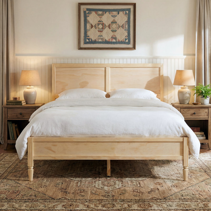 Base de lit plateforme grand en bois avec tête de lit à panneau, support en lattes de bois, aucun sommier requis, naturel