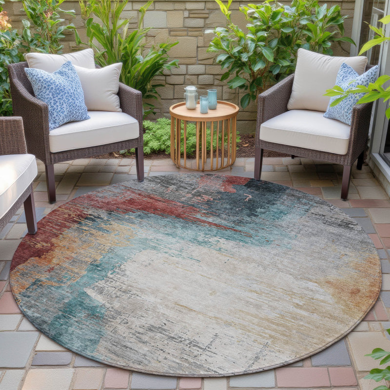 Machine Washable Indoor/Outdoor Xhevrie Teal Rug, Round 8'