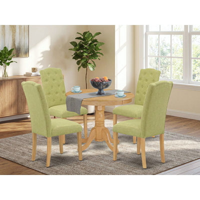L'ensemble de salle à manger 5 pièces comprend une table de cuisine ronde avec piédestal et 4 chaises Parson rembourrées en tissu Limelight, en chêne