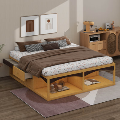 King Bed Frame with 6 Storage Drawers and LED Lights, No Headboard Platform Bed Frame with Pet-Friendly Under-Bed Open Space, Wood Slat Support