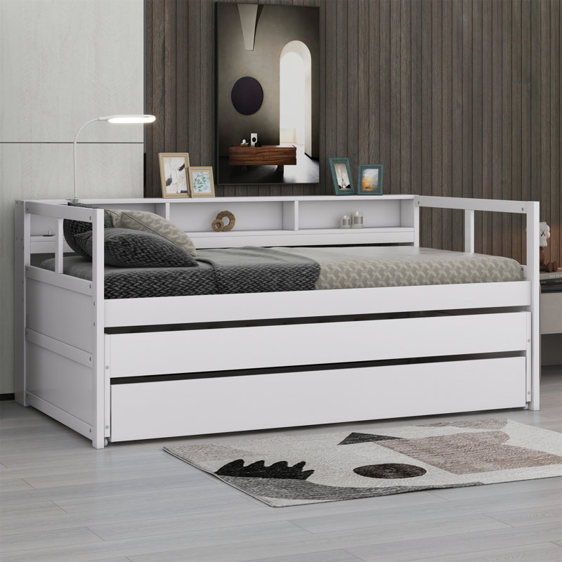 Wood Daybed With 2 Trundles, 3 Storage Shelves, 1 Light For Free And USB Charging, White