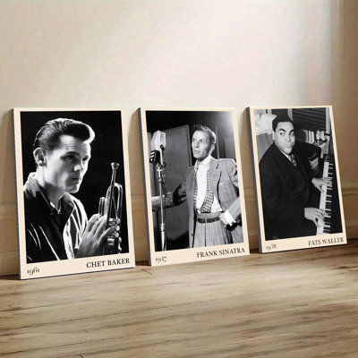 Ensemble de 3 affiches encadrées, tableaux sur toile représentant des légendes du jazz vintage : Chet Baker (1961), Frank Sinatra (1947) et Fats Waller (1938). Portraits en noir et blanc de musiciens pour salon, bureau ou studio.