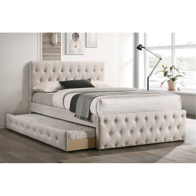 Callaislily Upholstered Platform Bed, Bed Frame With Trundle, Light Brown, Full