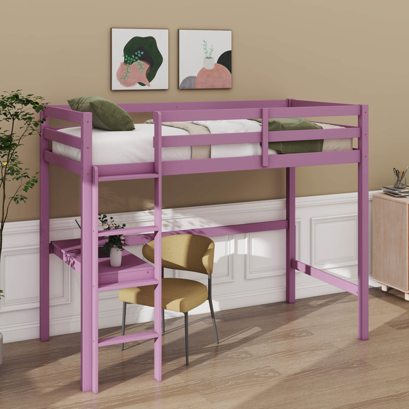 Twin Elevated Rubber Wood Loft Bed, Complete With Safety Guardrail, Integrated Desk, Ladder, Pink