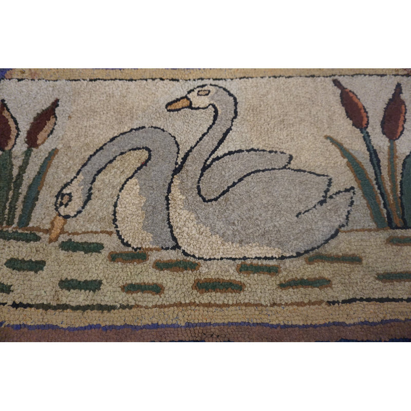 Small Artistic Pictorial White Swans Antique Folk Art American Hooked Rug