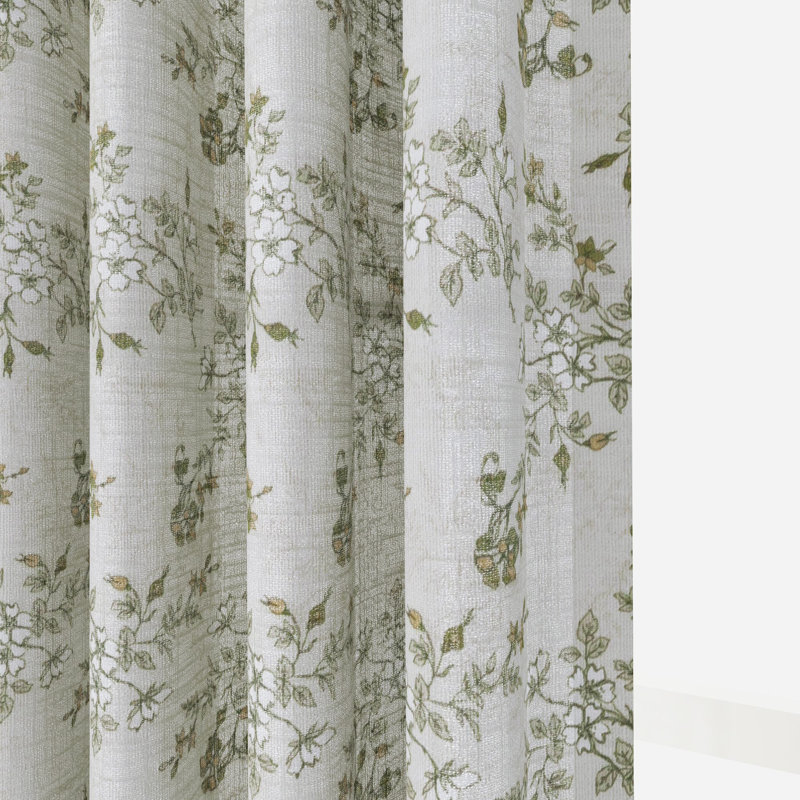 TWOPAGES Unlined Floral Curtain Printed Faux Linen Pinch Pleat Curtain, 40" W x 90" L, Cotton White
