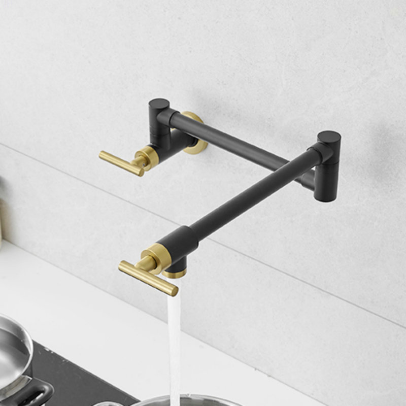 Brass Made Pot Filler, Black & Gold Pot Filler Faucet, Wall Mount Folding Kitchen Sink Pot Filler Faucets, Retractable Single Hole Pot Filler With Two Handles For Sink Stove