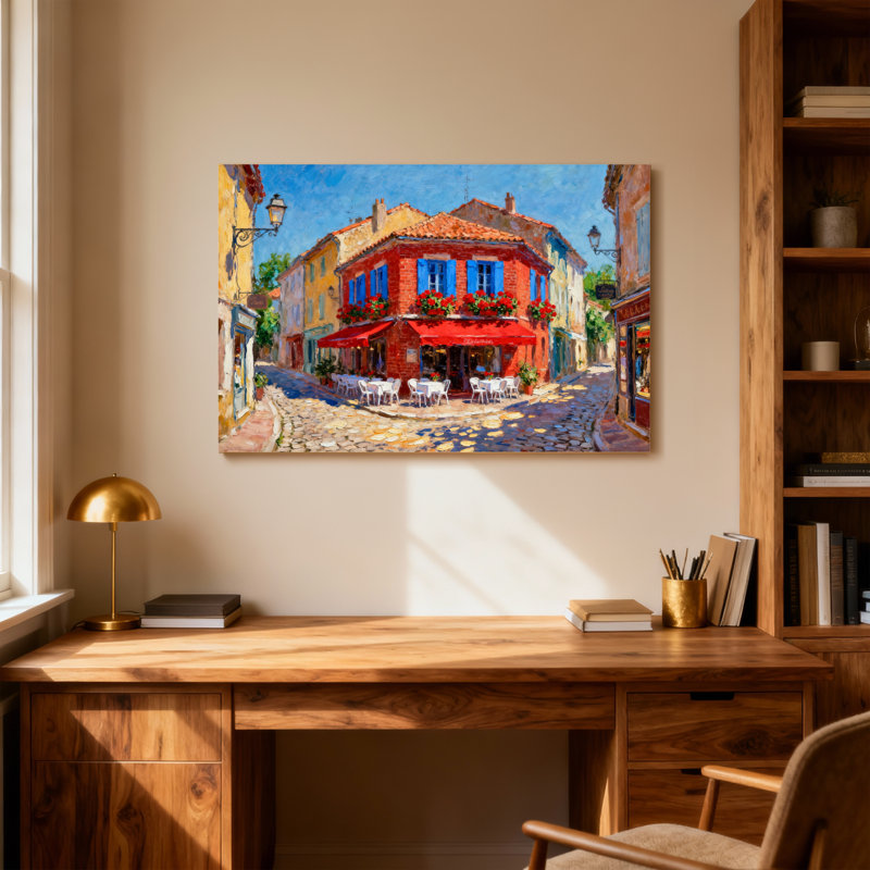 Scène de village français, H 24 po x l 36 po