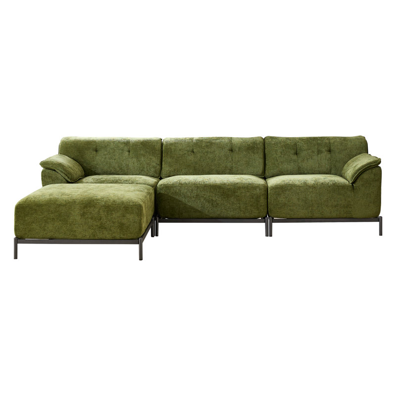 106.3" L-shape Sectional Sofa with Ottoman, Green Chenille