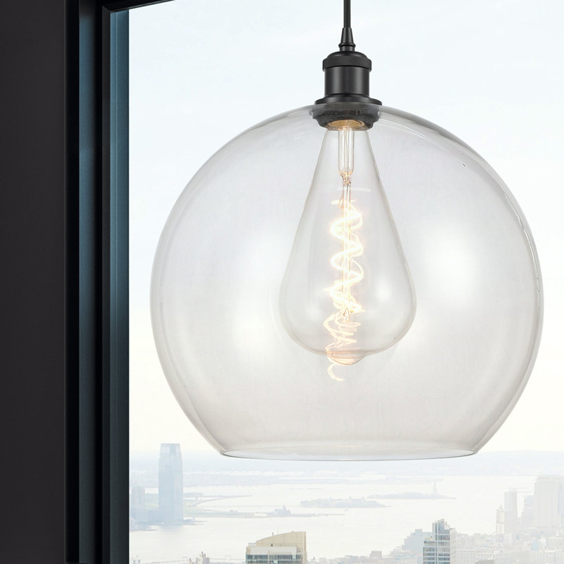Luminaire suspendu en forme de globe à 1 lumière Hamida, H 18,38 po x l 13,75 po x P 13,75 po, Transparent, Noir mat