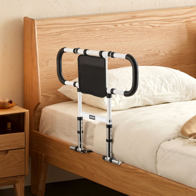 Bed Rail for Elderly, Foldable & Extendable Bedside Assist Rail with Side Handles & PU Handrail, Adjustable Height Carbon Steel Pipe Bedside Cane, Senior Bed Bar Fits King, Queen, Full, Twin