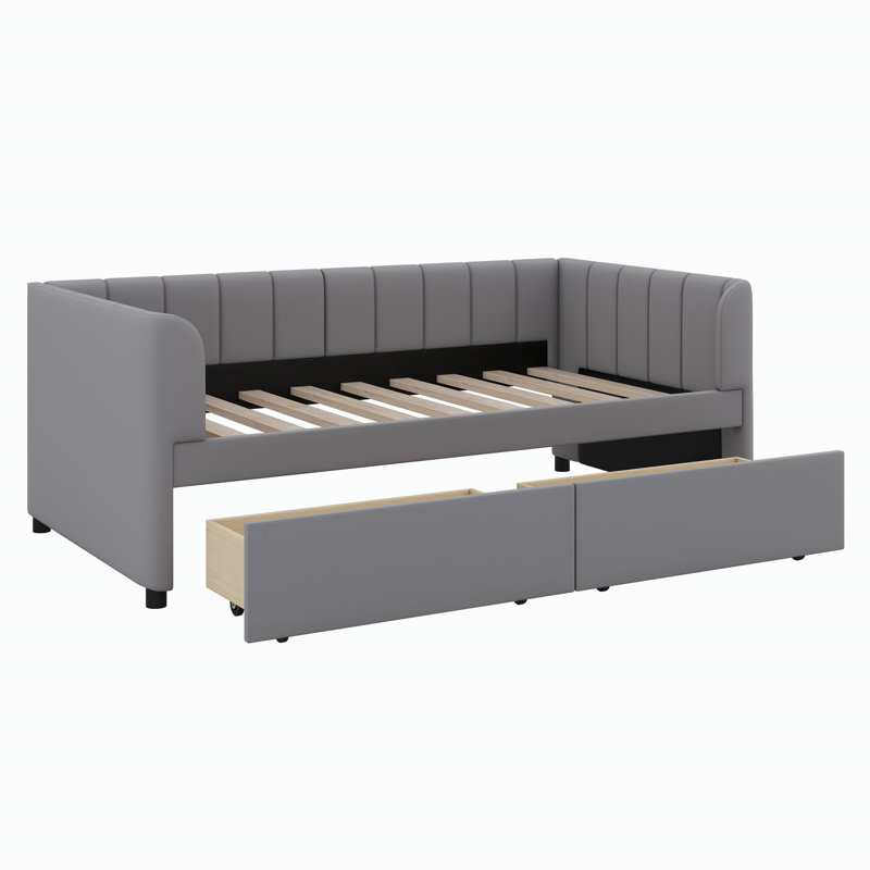 Upholstered Daybed With Ergonomic Design Backrest And Drawers, Gray
