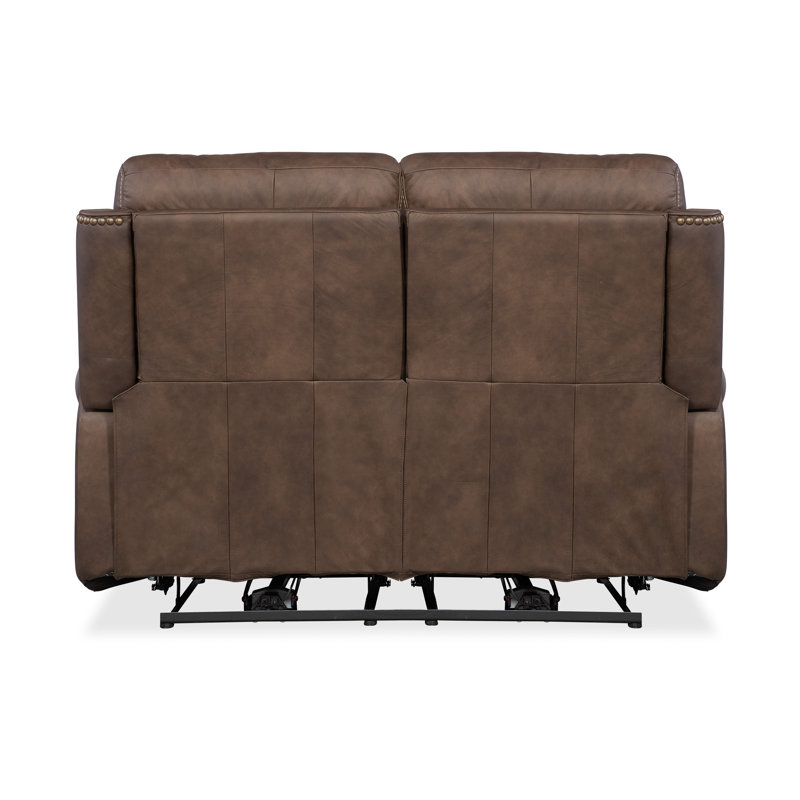 Kalahari Camel Leather Reclining Loveseat with Rolled Arms and Nailhead Trim