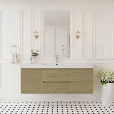 Meuble-lavabo flottant avec lavabo, armoire de rangement murale moderne, lavabo à surface solide, tiroirs à fermeture en douceur et conception élégante pour les espaces compacts.