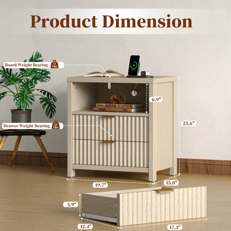 19.7''W Modern Nightstand With Charging Station, Natural