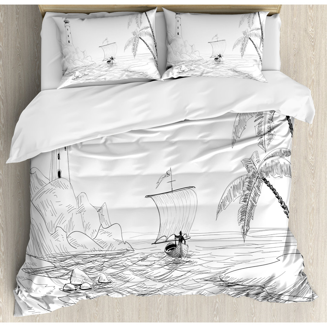 Beach Seascape Sketch with Boat Palm Tree and Lighthouse Coastal Hand Drawn Artwork Duvet Cover Set Ambesonne 