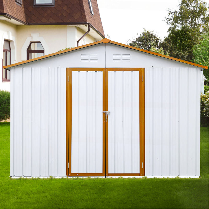 Metal Garden Sheds 8Ftx10ft Outdoor Storage Sheds White+Coffee, Green/White, 79.9" H x 147.6" W x 121.2" D