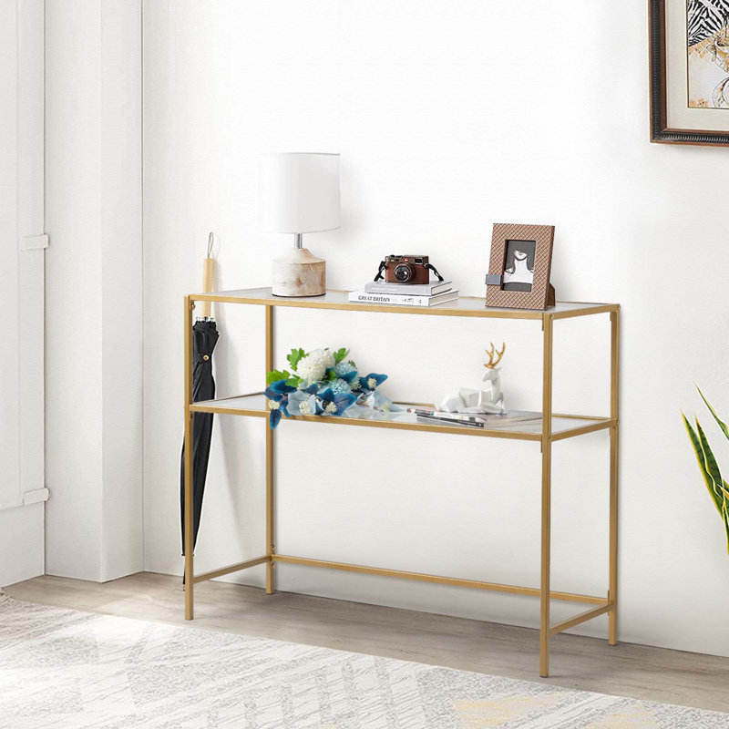 Console de canapé de 39,4 po, table de vestibule moderne, table en verre trempé, structure en métal, 2 tablettes, pour le salon, couloir