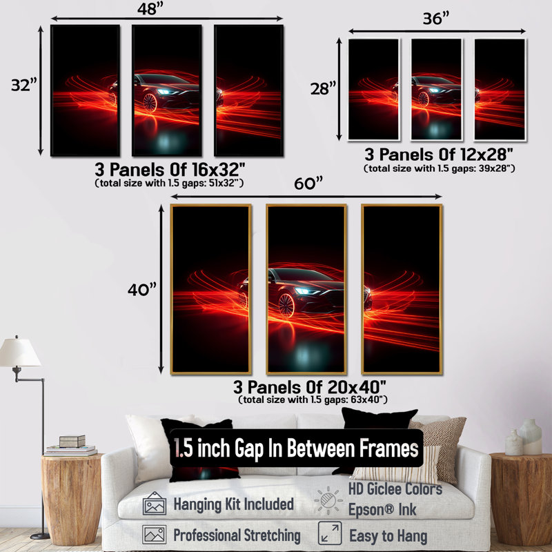 Neon Light Strips Around Red Sedan I - Car/Van Wall Decor Set, 28" H x 36" W x 1" D, Black Floater Framed