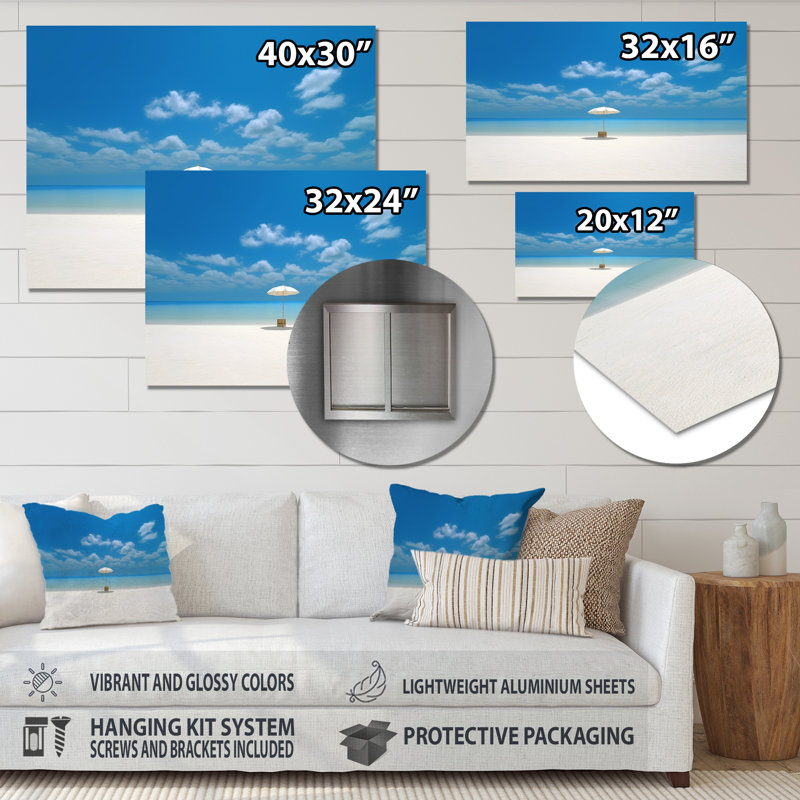 Sable et bleu mer des Caraïbes III - Décoration murale en métal plage et océan, H 24 po x l 32 po x P 1 po
