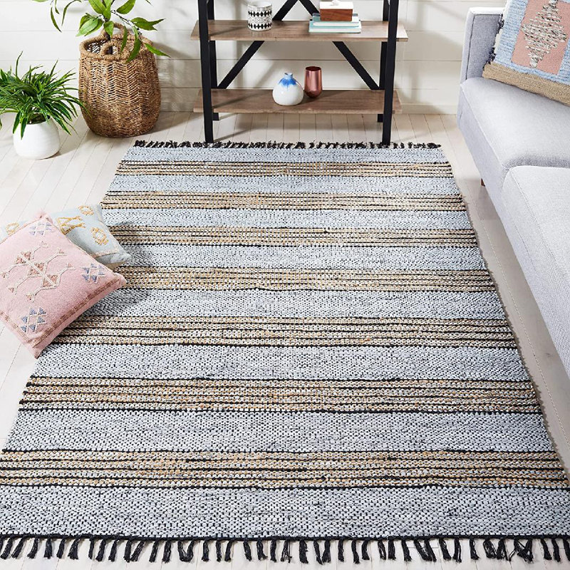 Tapis en cuir / jute / coton tissé à la main Vintage, Rectangle de 5 pi x 8 pi