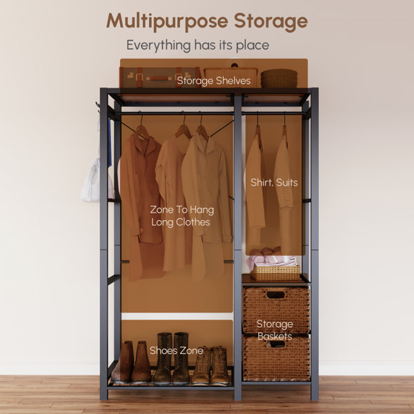 17 Stories Acacia Wood Garment Racks With Shelves, 2 Wicker Drawers, 4 ...