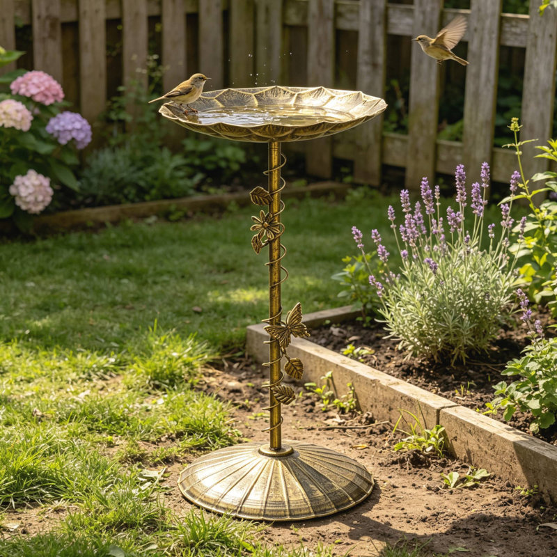 29" H Bird Bath Antique Bronze Metal Pedestal with Butterfly & Vine Details, Honeycomb Basin Decorative Bird Feeder for Outdoor Garden, Yard & Patio