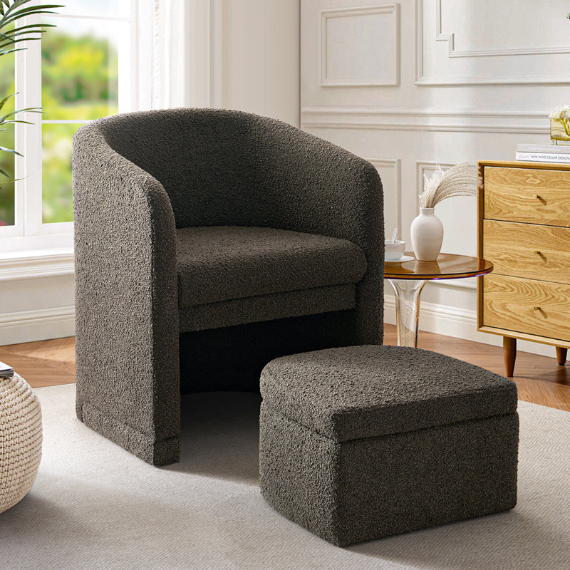 Fauteuil demi-tonneau rembourré moderne avec rangement Ottonman, Gris