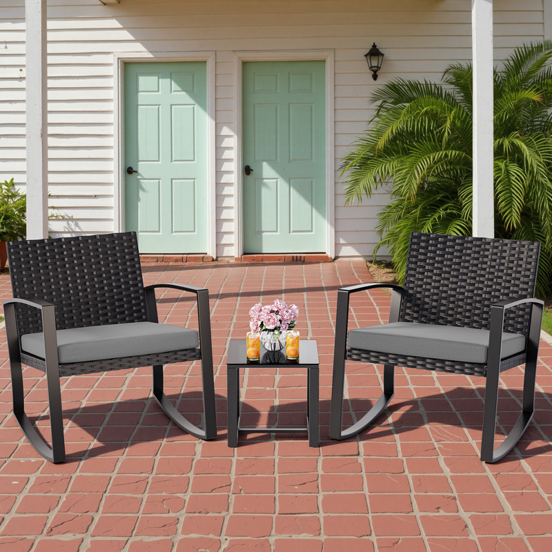 Ensemble 3 pièces de chaises berçantes d'extérieur avec coussins, ensemble de conversation de patio avec table basse, Gris