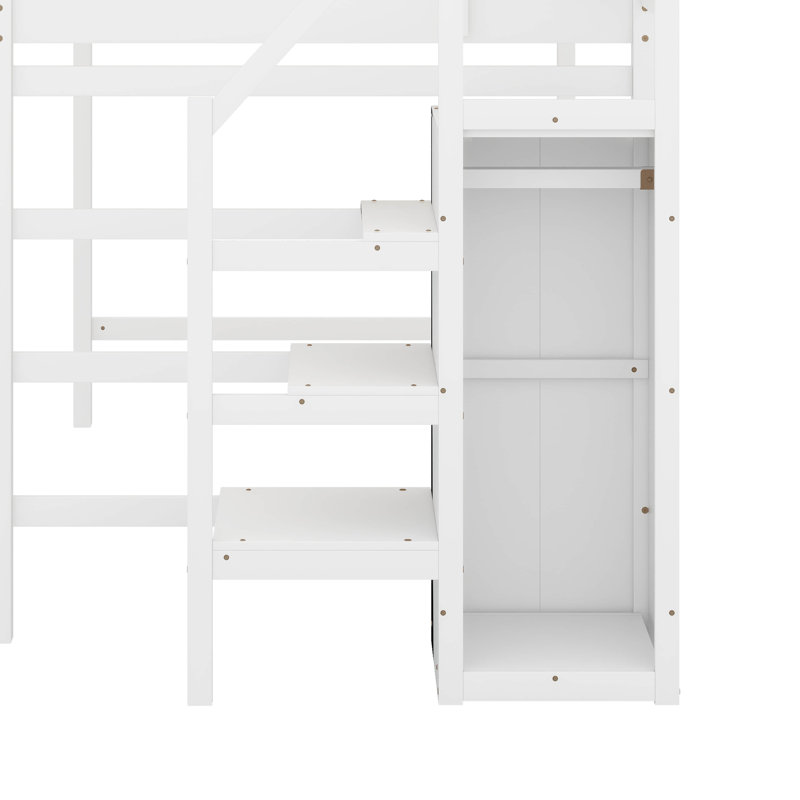 Jakema Full Size Loft Bed with Built-in Storage Wardrobe and Staircase, White