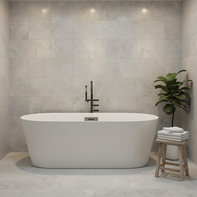 59/67 inch Acrylic Freestanding Bathtub, Ergonomic Soaking Tub with Chrome Drain for Modern Bathroom, Glossy White