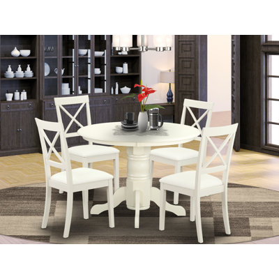 5 Piece Kitchen Table Set for 4 Includes a Round Dining Room Table with Pedestal and 4 Faux Leather Dining Chairs, Linen White