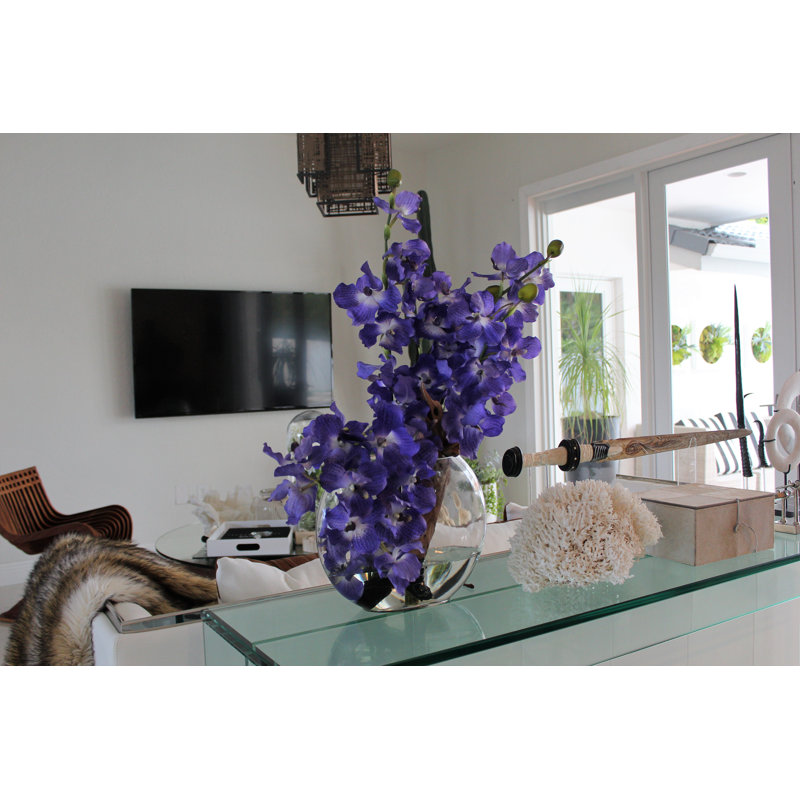 Driftwood and Vanda Orhcis Floral Arrangement in Large Moon Vase, 30" H x 28" W x 10" D