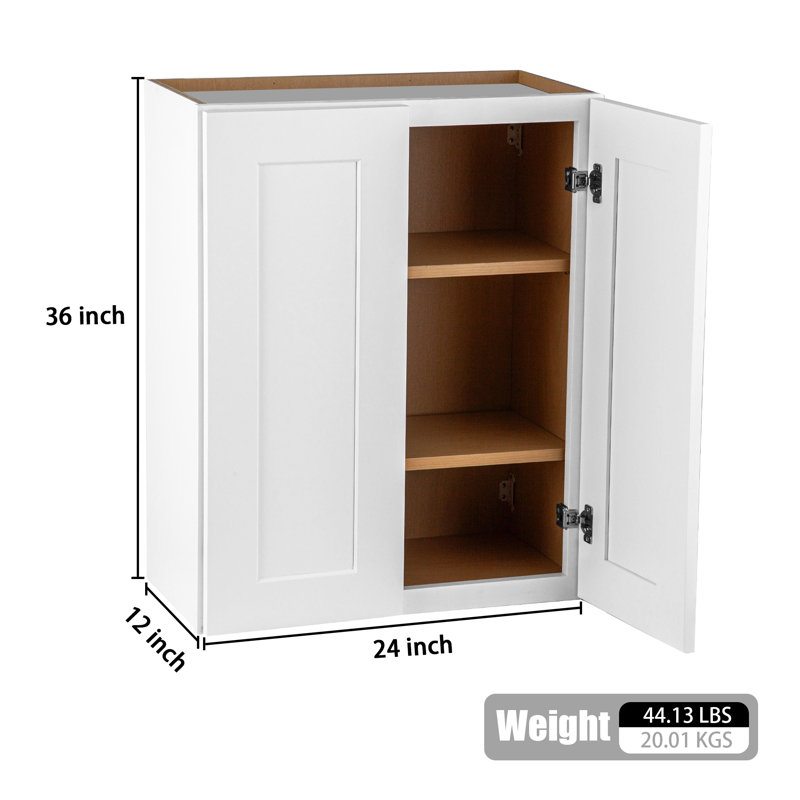 Armoire murale 24 po à double porte en bois massif avec tablette réglable 24 po Shaker, 36" H x 24" W x 12" D