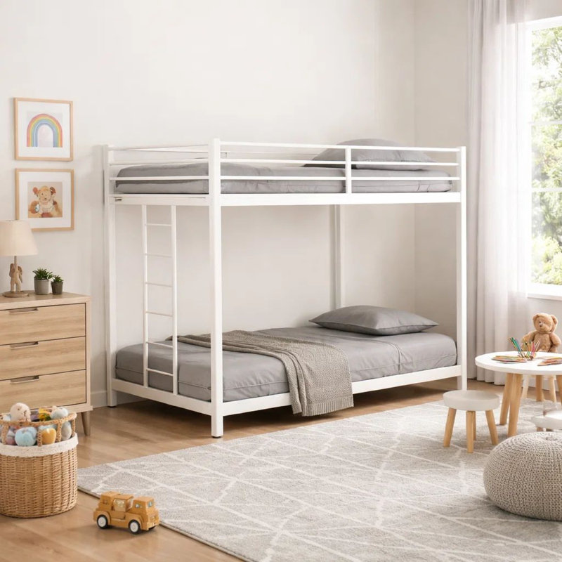 Ady Low Profile Twin Over Twin Bunk Bed With Ladder, White Metal Frame, White