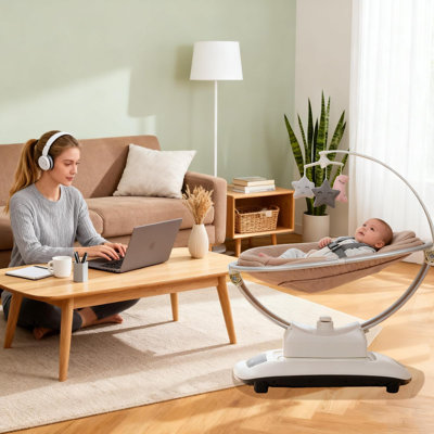 Balançoire électrique pour bébé avec télécommande, 5 mouvements de bascule et 5 vitesses, siège inclinable réglable, harnais de sécurité à 5 points, jouets de musique intégrés pour les nouveau-nés aux tout-petits
