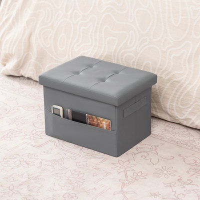 Folding Faux Leather Storage Ottoman With Side Pockets & Handles