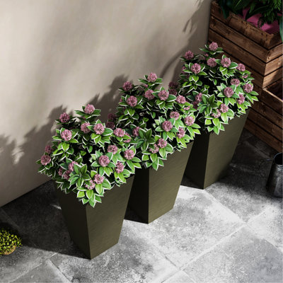 28" Tall Outdoor Pots, Of 3 Large Taper Planters With Drainage. Faux Wood Plastic For Patio, Garden, Indoor. Dark Brown. Stackable, Easy To Move Planter , Pots For Outdoor, Water Drainage Capacity
