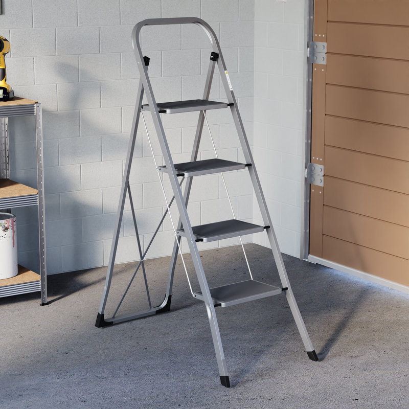 4-Step Steel Portable Folding Heavy Duty Ladder Non Slip Matt, Grey