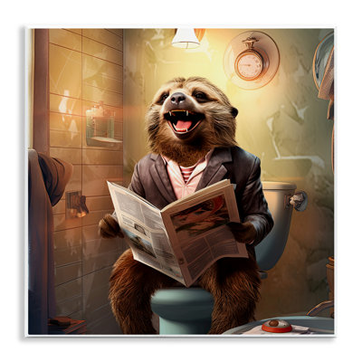 Smiling Sloth on Toilet Wall Plaque Art by Jim Baldwin